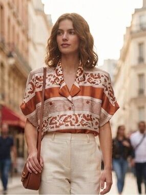 Lloyd Williams Sienna & White Short Sleeve Blouse Sz 8